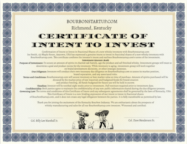 Certificate of Intent to Invest